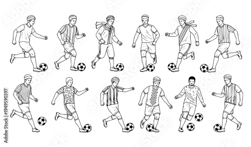 A black and white vector illustration of soccer players in various running poses with balls