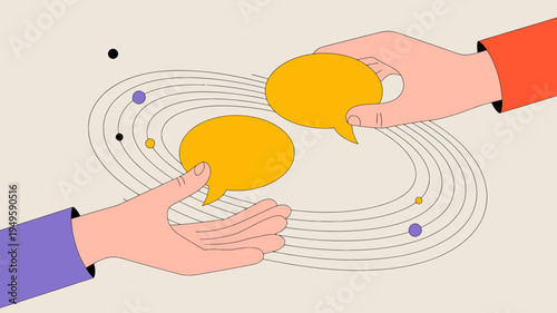 Two hands gently hold golden speech bubbles against a swirling orbital background of lines and scattered planets high quality professional detailed modern elegant stylish clean crisp
