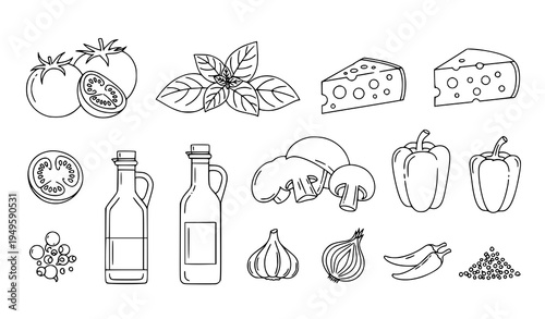 A minimalist line art illustration of various food ingredients and kitchen items in a flat design style