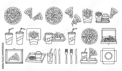 A vector graphic illustration of various fast food items including pizza, fries, and drinks in a flat, minimal line art style.