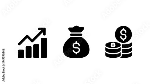 A graphic displays icons representing financial growth including a rising chart a money bag and stacked coins high quality professional detailed modern elegant stylish clean crisp