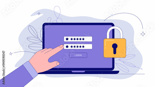 A hand is shown clicking on a password field on a laptop screen emphasizing digital security and online account protection high quality professional detailed modern elegant