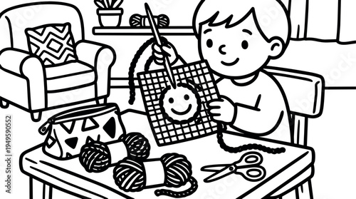 Smiling boy crocheting happy face on grid fabric at table with yarn balls and scissors in cozy room scene