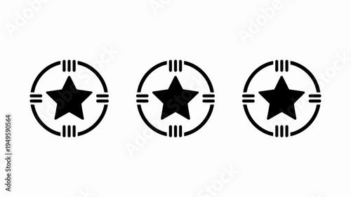A minimalist graphic presents three identical black star icons enclosed within circular frames each decorated with small horizontal lines high quality professional detailed modern elegant stylish