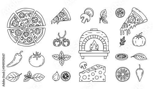 A set of black and white line art illustrations depicting various pizza ingredients and a brick oven