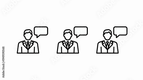 A simple black and white line art illustration depicts three suited individuals each with a speech bubble above their head high quality professional detailed modern elegant