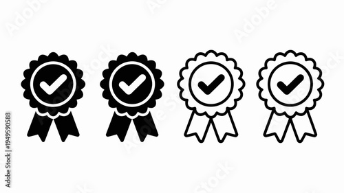 Four black ribbon badges with a central checkmark are displayed showcasing varying line weights and styles for design options high quality professional detailed modern elegant stylish