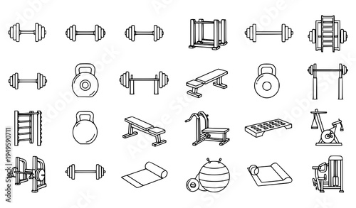 A collection of various gym equipment icons in a minimalist line art style
