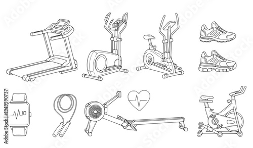 A set of line art illustrations depicting various fitness equipment and accessories