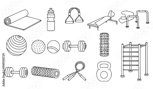 A collection of various fitness equipment and tools in a minimalist line art style