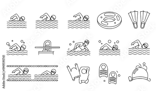 A set of minimalist line art vector graphics depicting various swimming icons and illustrations
