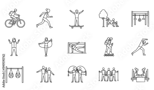 A set of minimalist line art illustrations depicting people engaging in various physical activities and sports.