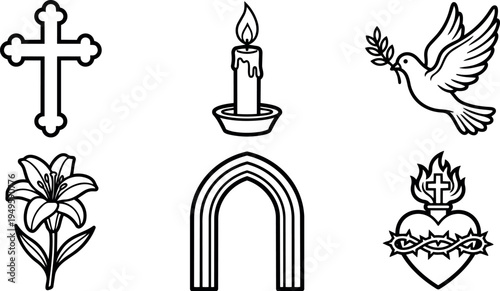 Black line art religious symbols including cross candle dove lily sacred heart and church arch vector icons