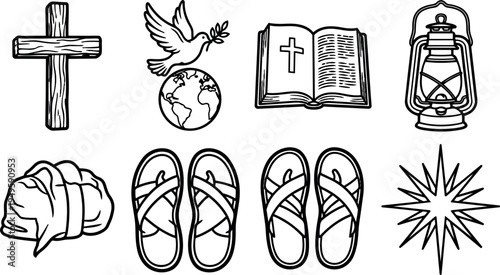 Black and white line art vector set of religious christian symbols including cross dove globe bible lantern cloth sandals and star