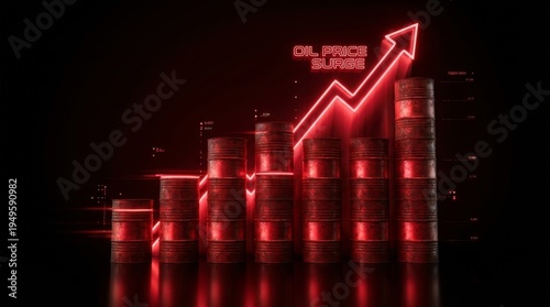 Oil barrel price surge with rising arrow graph, economic crisis, and stock market concept in red neon lights.