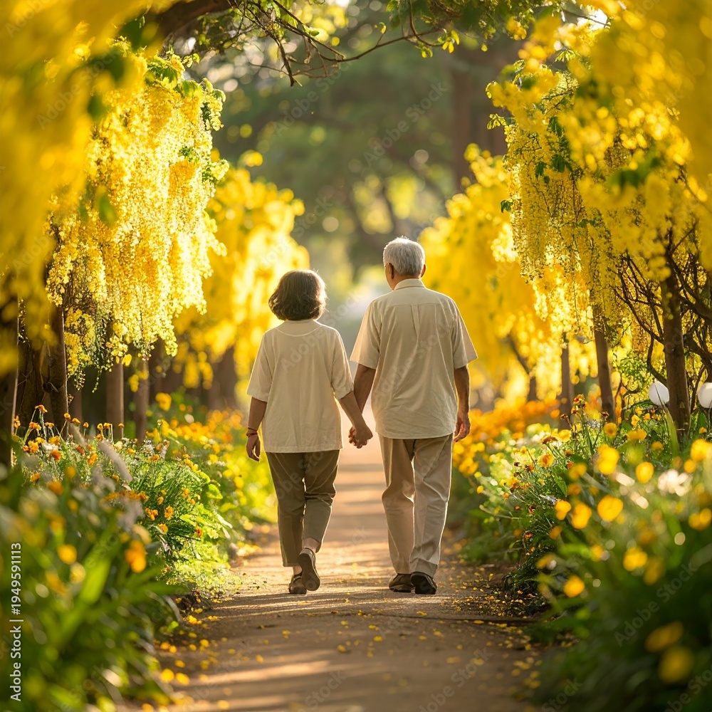 Obraz premium Elderly Couple Walking Hand in Hand Through a Beautiful Golden Shower Tree Tunnel.