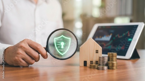 Magnifying glass over shield icon with wooden house and stacked coins, symbolizing financial security and investment protection.