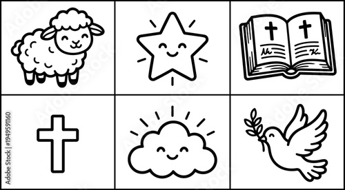 Cute simple black and white vector icons of smiling lamb happy star open bible cross friendly dove flying with olive branch and smiling cloud