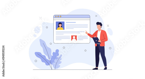 Man presenting a resume or profile page on a digital screen, online job application concept