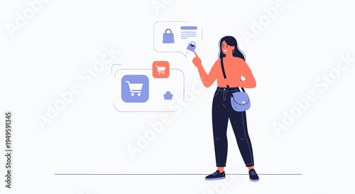 Woman Shopping Online with Digital Icons and Shopping Cart