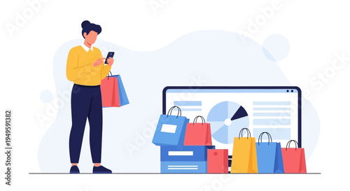 Online shopping concept: person with phone and shopping bags near laptop with analytics