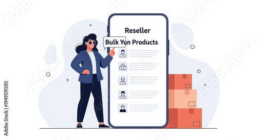 Reseller with smartphone showing bulk products list, e-commerce concept