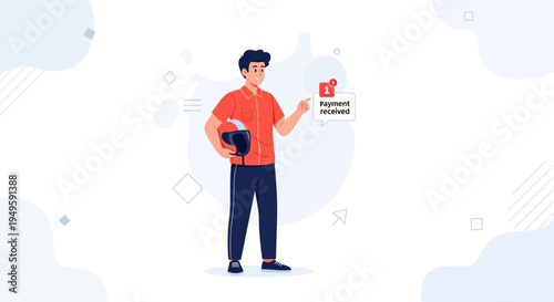 Delivery man holding helmet, receives payment notification on phone, modern illustration