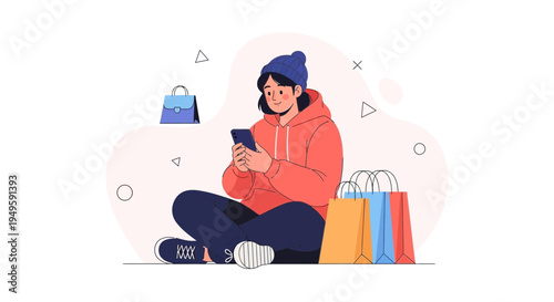Young Woman Browsing Phone with Shopping Bags, Online Shopping Concept