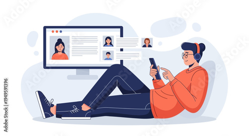 Person with headphones using phone and computer for online communication