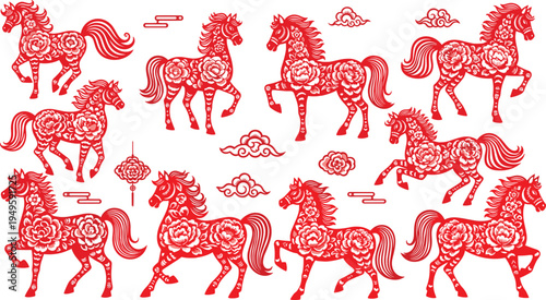 Large set of red Chinese zodiac horse silhouettes with intricate floral rose patterns auspicious clouds and lantern isolated on white background for Lunar New Year