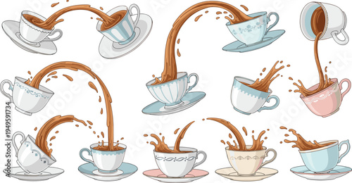 Large set of vintage teacups and saucers with coffee or tea pouring and splashing between cups isolated on white background for cafe design