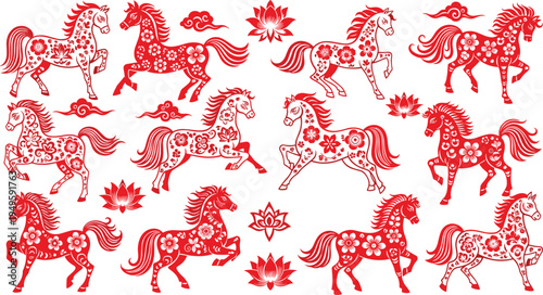 Large set of red Chinese zodiac horse silhouettes with traditional floral patterns clouds and lotus flowers isolated on white background for Lunar New Year