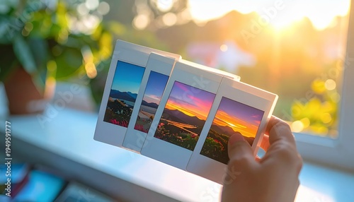 Hand holding instant photos of beautiful sunsets and landscapes by a window.