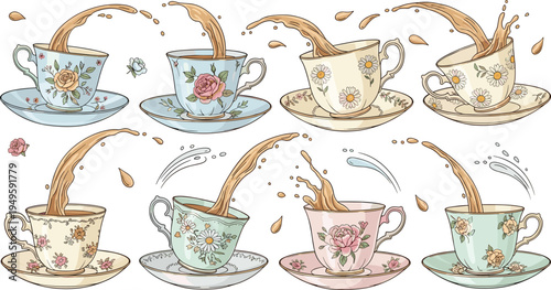 Set of elegant vintage teacups with floral patterns and tea splashing out collection of classic porcelain cups and saucers isolated on white background