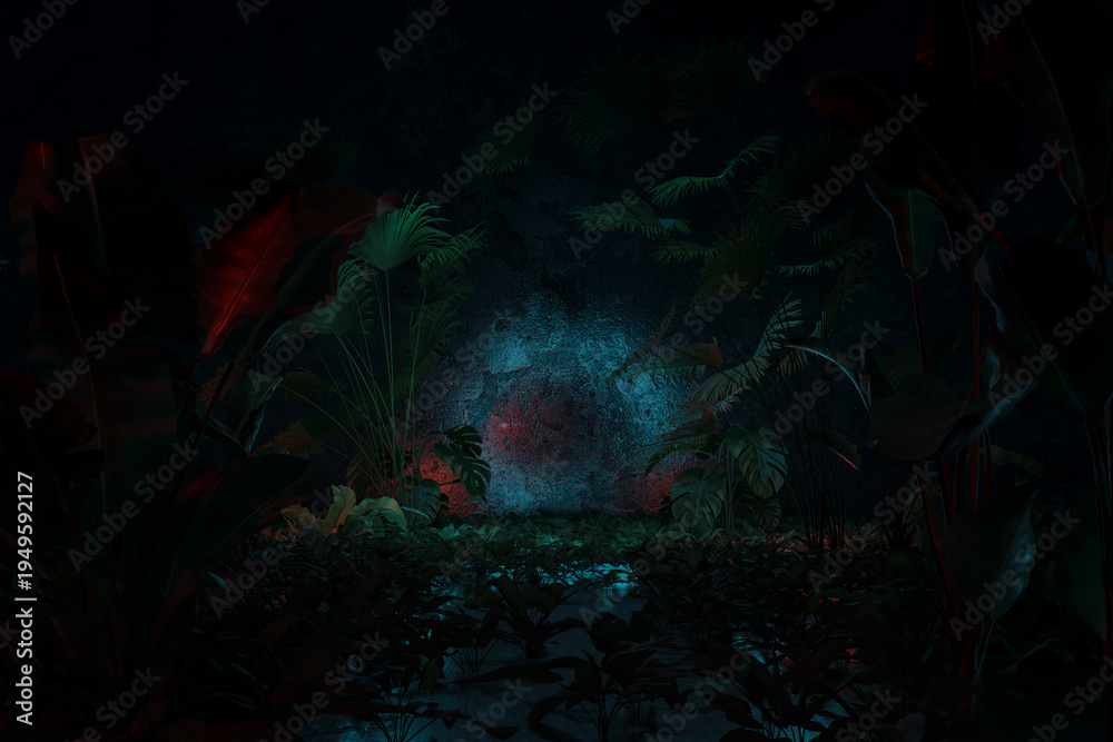 Fototapeta premium 3d rendering of epic forest backdrop with light spot surrounded by jungle plants and trees