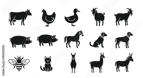 Collection of diverse farm and domestic animal silhouettes