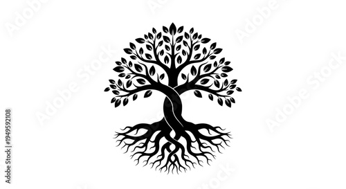 Elegant black silhouette of a stylized tree with intricate roots and branches against a white background, symbolizing life and growth.
