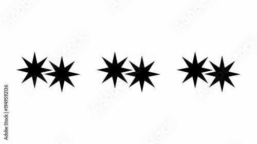 A simple graphic displays five black starburst shapes arranged in a horizontal line against a plain white background high quality professional detailed modern elegant stylish clean