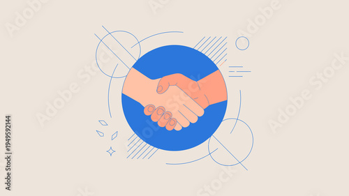 An illustration depicts two hands firmly shaking within a blue circle symbolizing agreement partnership or a successful deal high quality professional detailed modern elegant stylish clean