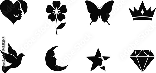 Collection of elegant black silhouette icons representing love, nature, and royalty