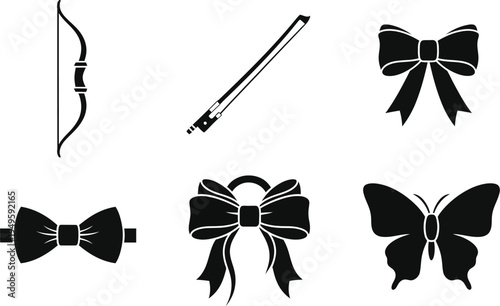 Collection of elegant black silhouette icons including bows, a butterfly, and a bow tie