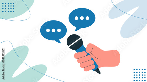 An illustration depicts a hand holding a microphone with floating speech bubbles surrounding it suggesting communication or a podcast high quality professional detailed modern elegant stylish