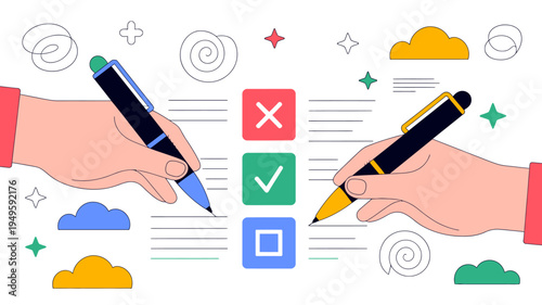 Two hands each hold a pen poised above a form with check boxes representing choices and decision making processes high quality professional detailed modern elegant stylish