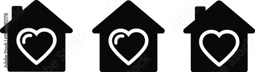 Three simple house icons with hearts inside, representing love and home.