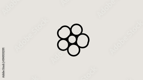 A minimalist illustration depicts a cluster of overlapping black circles on a light beige background forming an abstract floral shape high quality professional detailed modern elegant