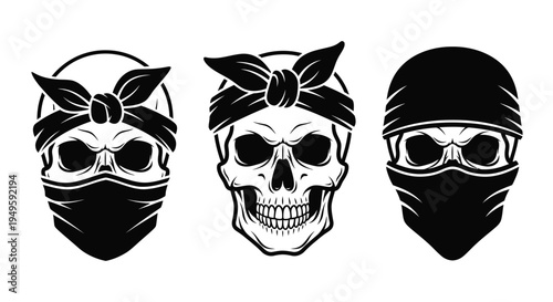 Three stylized skulls wearing bandanas and face masks, conveying a sense of rebellion and mystery.