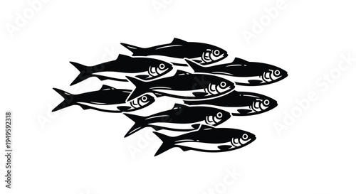 A school of small, sleek fish swims together in formation against a clean white background.