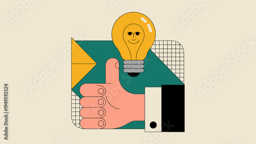 A playful illustration depicts a lightbulb with a smiling face giving a thumbs up symbolizing a good idea or positive thinking high quality professional detailed modern