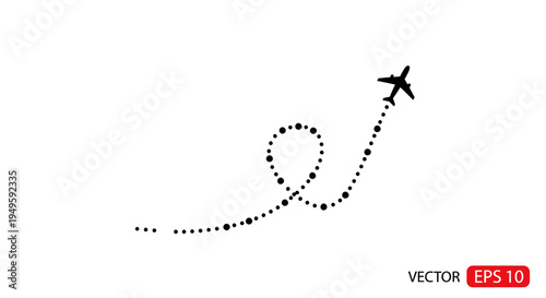 Airplane silhouette tracing a dotted flight path across a white background.