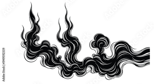 Abstract black smoke wisps flowing elegantly on white background